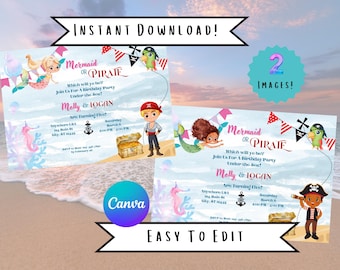 Mermaids and Pirates Birthday Invitation, Twins Party, Canva Template (Digital Download)
