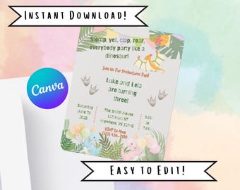 Editable Dinosaur Birthday Invitation: Twins Joint Party (Canva Template)