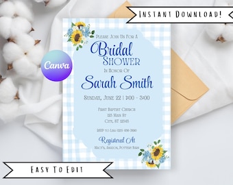 Sunflower Bridal Shower Invitation: Gingham, Light Blue (Canva Template, Instant Download)