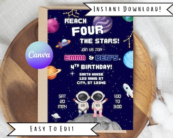 Outer Space 4th Birthday Invitation: Astronaut Twins (Digital Download)