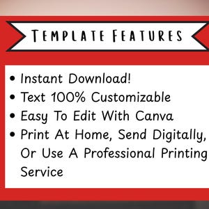 May include: Red and white graphic with the text "TEMPLATE FEATURES" in black. The graphic lists features of a digital template, including instant download, customizable text, easy editing with Canva, and printing options.