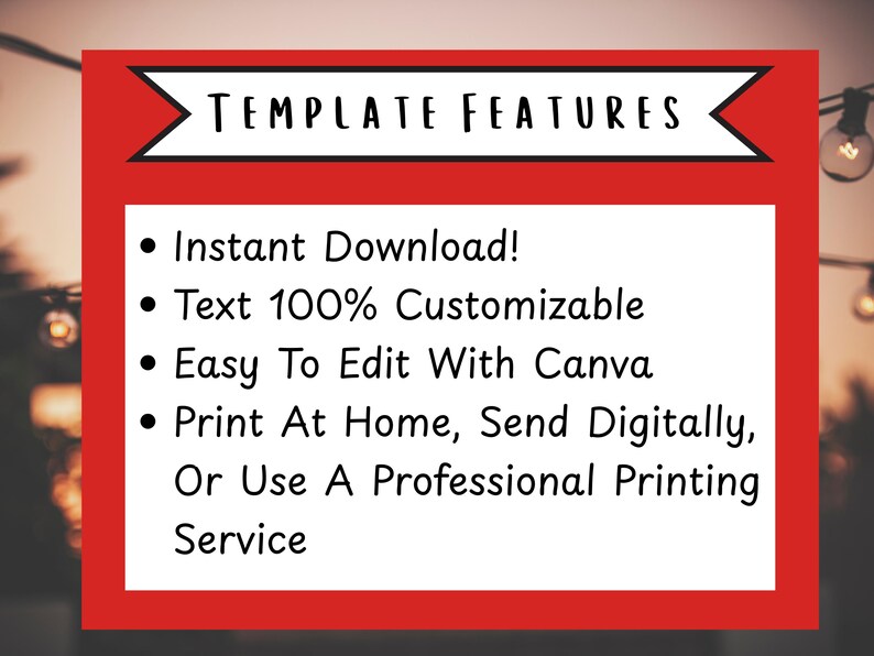 May include: Red and white graphic with the text "TEMPLATE FEATURES" in black. The graphic lists features of a digital template, including instant download, customizable text, easy editing with Canva, and printing options.