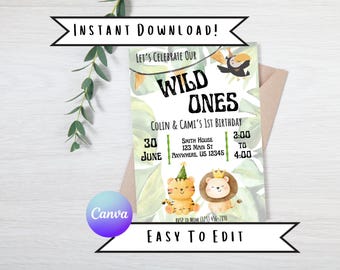 Wild One Twins Birthday Invitation: Jungle Safari Animals (Digital Download)