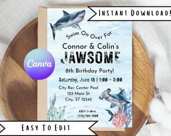 Editable Shark Jawsome Birthday Invitation Template, Boys Sharks Party Invite, Jaws Ocean Twins Brothers