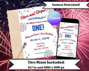 Editable 4th of July Twin Birthday Invitation: Firecracker Theme (Digital Download)