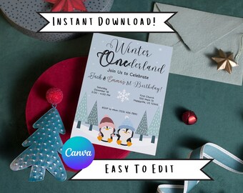 Winter Onederland Birthday Invitation: Penguin Twins, Siblings (Canva Template)