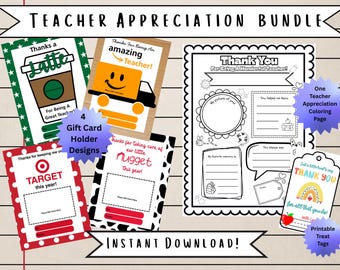 Teacher Appreciation Bundle: Gift Card Holders, Coloring Page, Treat Tags (PDF)