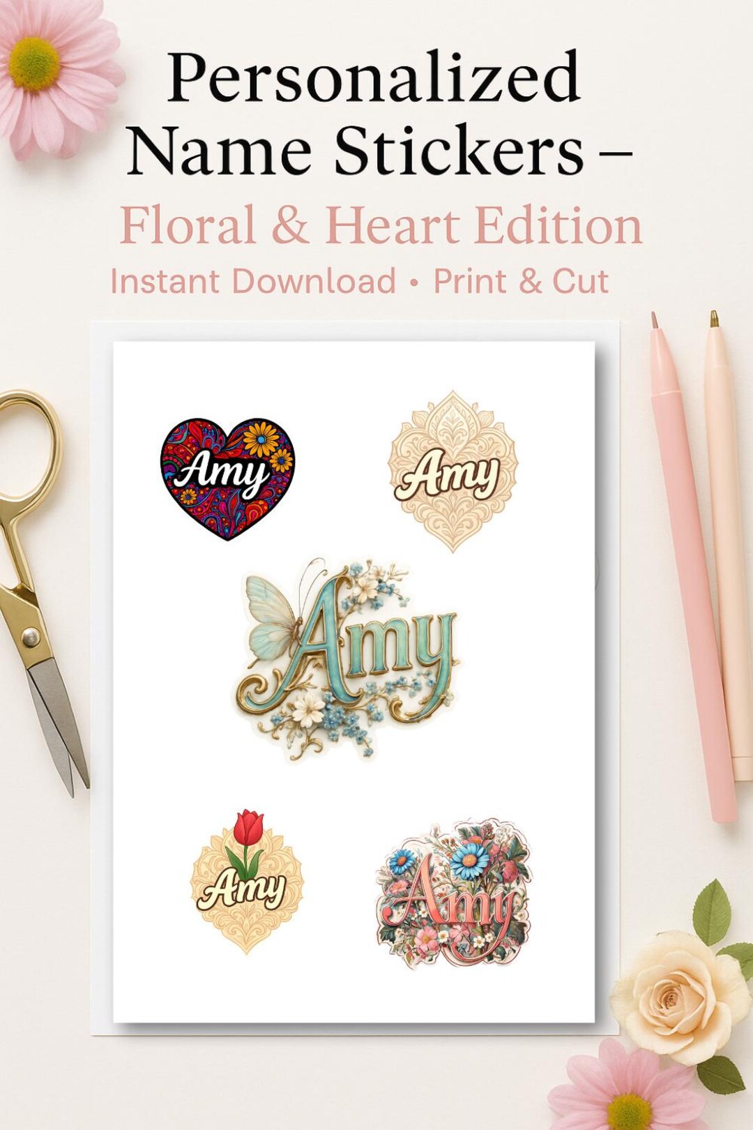 Personalized Name Stickers: Amy, Floral Design (2 A4 Pages PDF, Digital ...