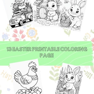 Könnte beinhalten: Ein Set mit 13 Schwarzweiß-Malvorlagen zum Ausdrucken mit Ostermotiven von Hasen, Küken und Eiern. Die Vorlagen sind perfekt für Kinder jeden Alters zum Ausmalen und Genießen.