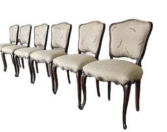 Sillas de comedor de nogal estilo Luis XV, juego de 6, circa 1920.
