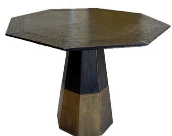Octagonal Pedestal Dining Table, Wood and Brass Base, Postmodern Sculptural Table