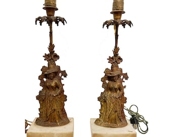 Vintage Girandole Stil Figural Tischlampen - Paar | Romantische Lady Lampen | Bronzeton | Kristallbereit