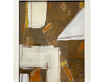 Abstract Mixed Media Artwork, Framed Brown Black Minimalist Wall Art
