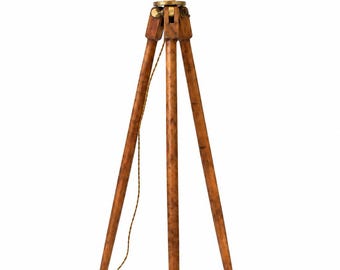 Vintage Wooden Surveyor Tripod Floor Lamp – Industrial Oak & Brass Adjustable Stand Light, 61” Tall
