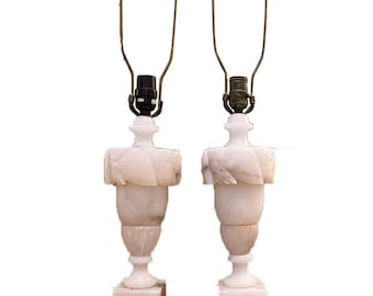 Pair of Italian Carved Alabaster Neoclassical Table Lamps, Mid-Century