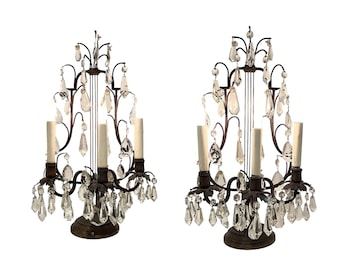 Französisches Kristall Girandole Lampen Paar, BOLER Paris, Bronze Hollywood Regency, 1940er Tischlampen