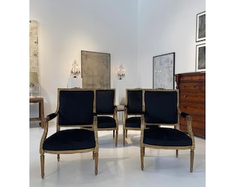 Antique French Louis XVI Style Giltwood Armchairs – Set of 4 Black Velvet Chairs