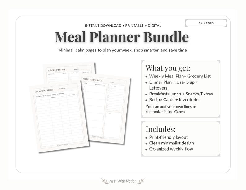 Meal Planner Printable Bundle | Weekly Meal Plan, Grocery List, Recipe ...