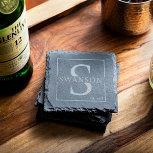 Slate Coasters Personalized, Custom Wedding Favors, Engraved Slate Coaster, Monogrammed Bar Coasters, Housewarming Present, New House Gift