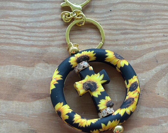 Black Sunflower Circle Bar Keychain
