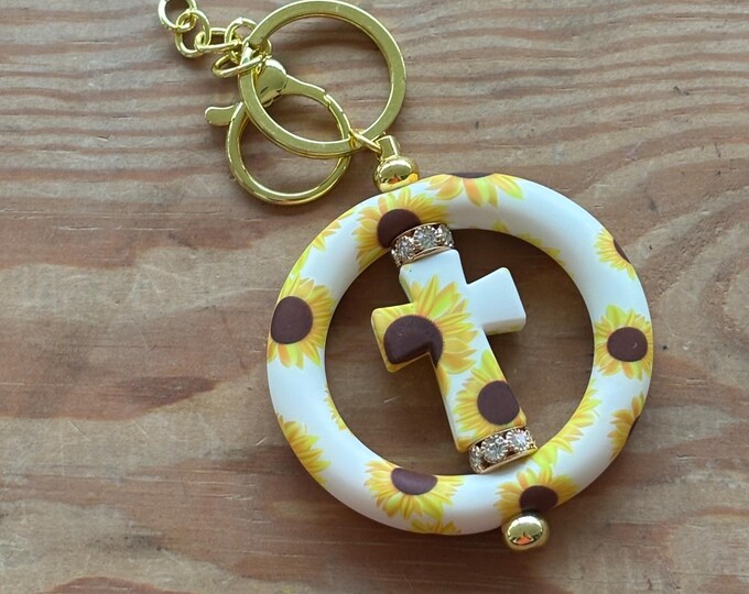 White Sunflower Circle Bar Keychain