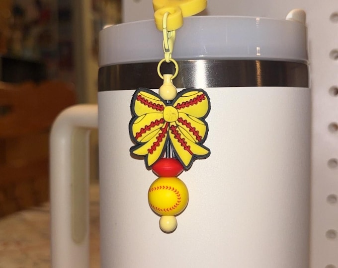 Softball Bow Straw Charm