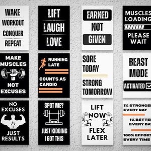 Gym Wall Art set of 12, Motivational Poster/Quote, Gym Décor, Home Gym Sign/Poster, Fitness Poster