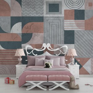 Modern Geometric Abstract Wallpaper - Muted Terracotta Teal Wall Mural - Minimalist Wall Mural - Peel & Stick, Woven, Commercial, Removable