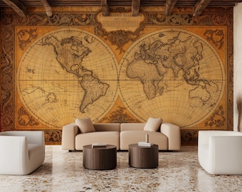 Papier peint carte du monde vintage, papier peint historique sépia, autocollant
