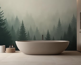 May include: A contemporary bathroom with a beige oval bathtub. The wall displays a forest mural in green and grey tones. The room includes a window, a small wooden side table, and a towel rail. The floor is tiled.