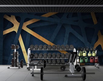 Papier peint abstrait géométrique doré : décoration murale moderne bleu marine