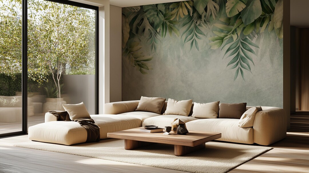 Muted Green Tropical Leaf Wallpaper Mural - Peel & Stick Removable - Etsy