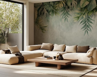 Papier peint vert pâle feuille tropicale - Amovible