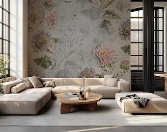 Papier peint floral vintage : roses anciennes, décoration murale style shabby chic et adhésif