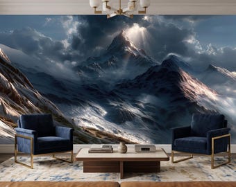 Mural de pared con paisaje de montaña nevada: Picos nevados alpinos autoadhesivos.
