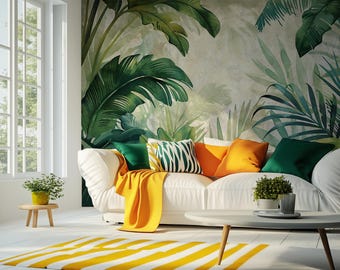 Papier peint mural forêt tropicale humide : feuilles de jungle verte luxuriante (à filmer et coller)