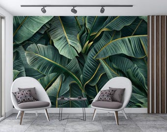 Papier peint tropical feuille de bananier - décoration murale tropicale verte - repositionnable, tissé, commercial, amovible