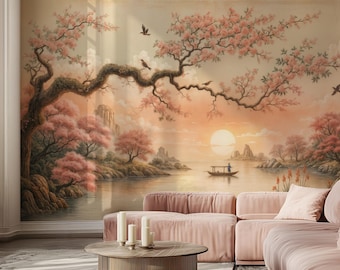 Papier peint coucher de soleil en fleurs de cerisier, papier peint autocollant paysage asiatique