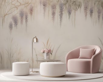 Papier peint floral brume glycine - Papier peint botanique pastel doux