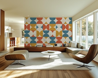 Papier peint géométrique rétro - décoration murale moderne du milieu du siècle - autocollant, tissé, commercial, amovible