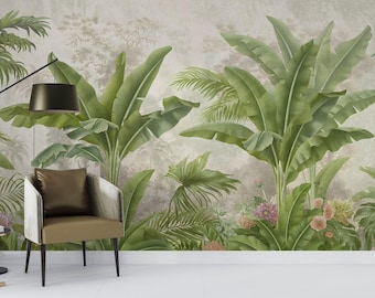 Papier peint vintage jungle tropicale - décoration murale florale douce de bananiers - autocollant, tissé, commercial, amovible