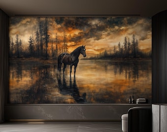 Papier peint cheval de la forêt sombre, reflets du lac Sunset