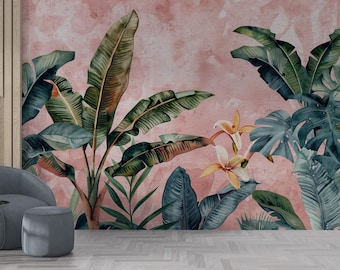 Papier peint tropical avec feuille de bananier : décoration murale jungle rose (à filmer et coller)