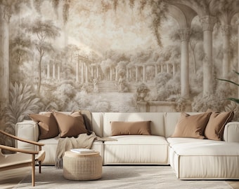 Papier peint Ancient Garden Ruins, colonnes classiques sépia, autocollant