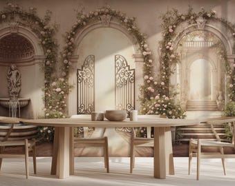 Papier peint fontaine de jardin romantique, portails voûtés, paysage de roses