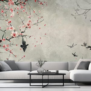 Cherry Blossom Wallpaper: Oriental Flying Birds Wall Mural (Peel & Stick)