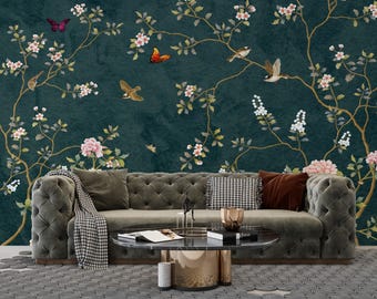 Papier peint Chinoiseries : oiseaux, papillons, fleurs - Mural vert foncé