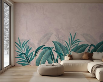 Papier peint minimal de feuilles tropicales - décoration murale jungle rose sarcelle rose pâle - autocollant, tissé, commercial, amovible