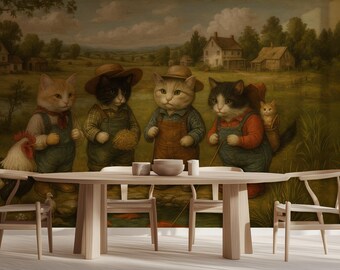 Vintage Cats in Overalls Wallpaper Mural, Whimsical Farmhouse Decor