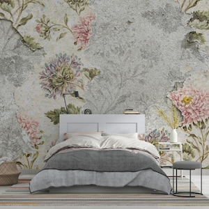 Carta da parati floreale vintage scrostata – Carta da parati murale con rose antiche – Carta da parati romantica shabby chic, stacca e attacca, intrecciata, commerciale, rimovibile